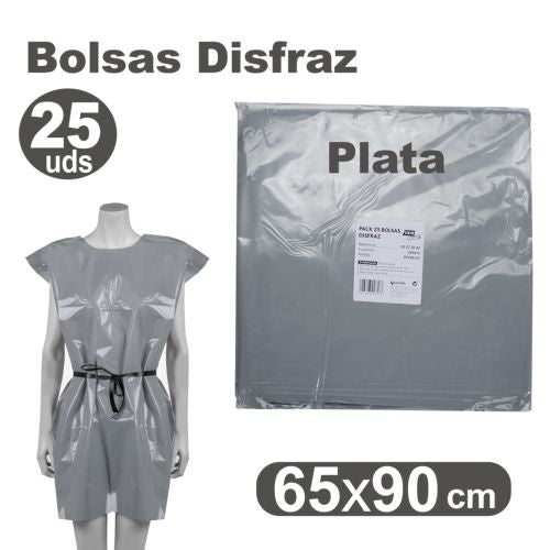 PACK/25 BOLSAS DE PLASTICO PARA DISFRACES 65X90CM PLATA