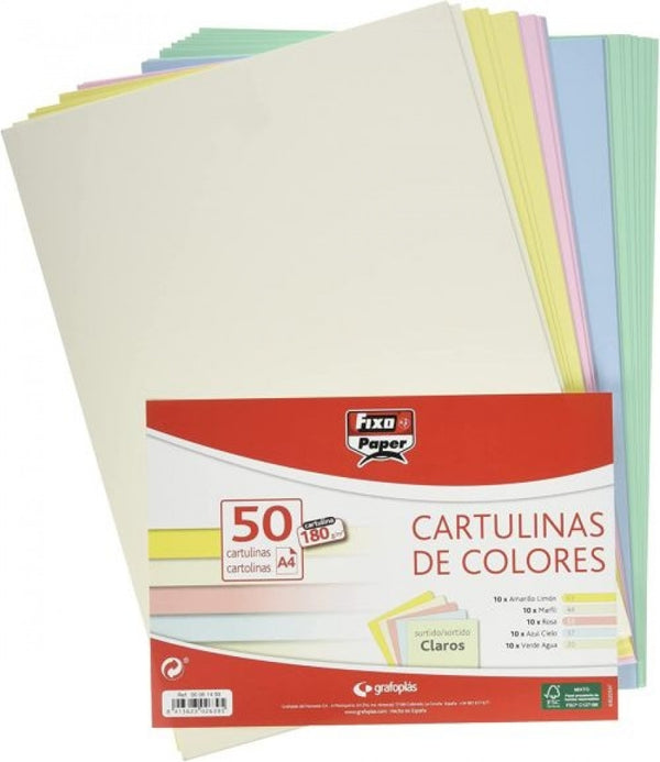 PAQ/50 CARTULINAS FIXO A4 180G. SURTIDOS CLAROS