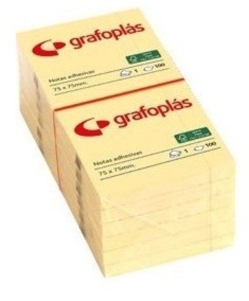 PACK 12 BLOC NOTAS ADHESIVAS 75X75MM AMARILLAS GRAFOPLAS