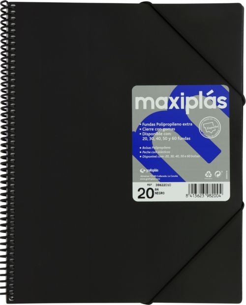CARPETAS A4 30 FUNDAS A4 ESPIRAL MAXIPLAS NEGRA