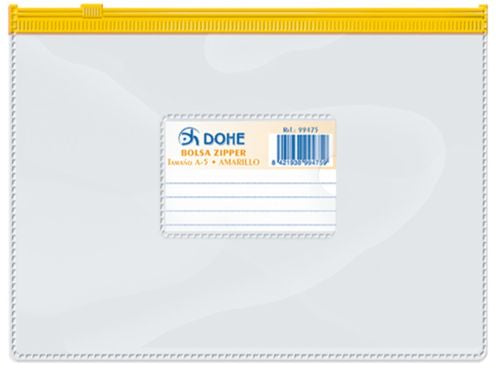 Bolsa zipper a5 expandible apaisado pvc transparente cierre amarillo