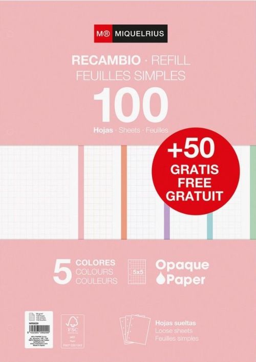 Recambio notebook5 a4 100+50 90g cuadricula 5x5 greca colores pastel