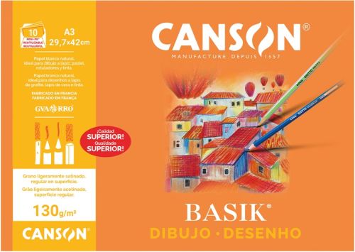 Minipack 10 laminas dibujo basik liso a3 130 g.