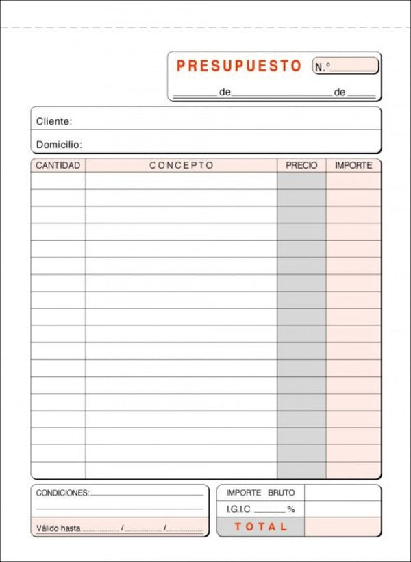 PAQ/10 TALONARIO PRESPUESTO 1/4 NATURAL DUPLICADO IGIC