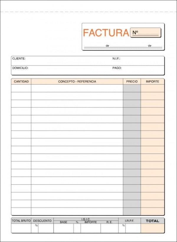 Paq/5 talonarios de facturas con i.g.i.c. 1/4 natural triplicado autocopiativo