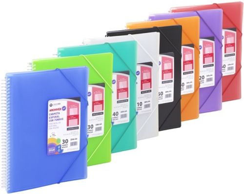 C/8 carpeta 60 fundas a4 espiral cierre con goma archivex star colores surtidos