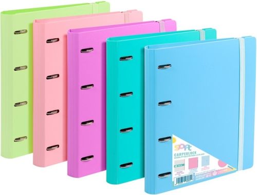 Paq/8 carpeblock foam Soft 4 anillas 35mm con recambio 100h cuad.5x5 con greca y cierre de goma colores pastel