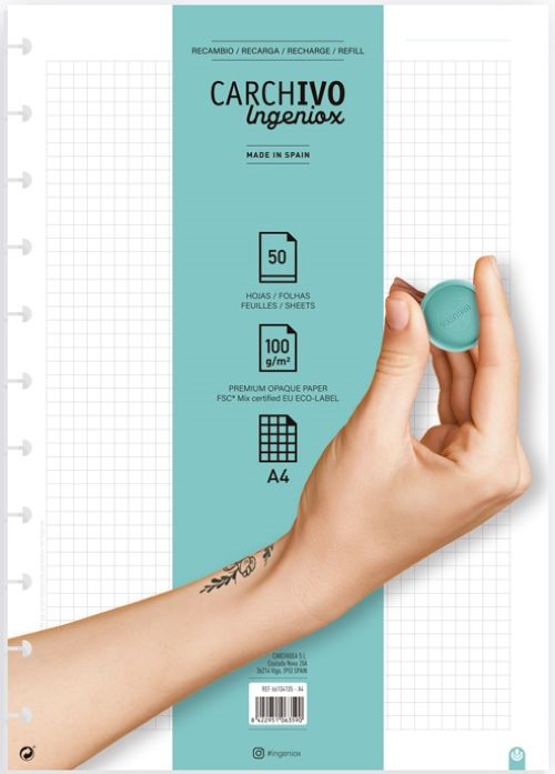 Recambio cuaderno ingeniox a4 50 hojas cuadricula extraibles