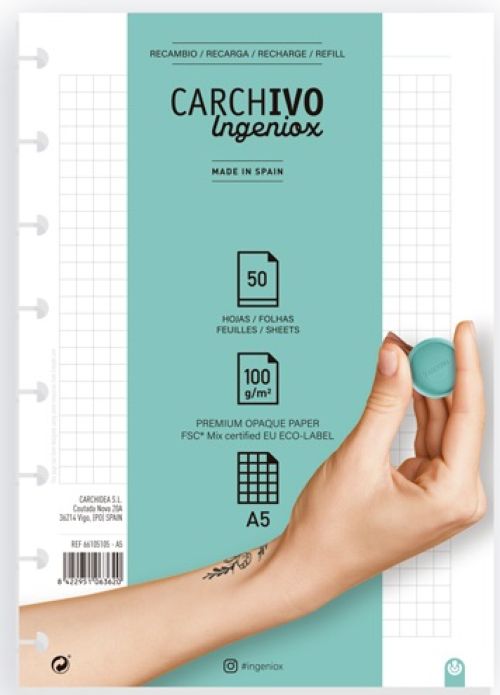RECAMBIO CUADERNO INGENIOX A5 50 HOJAS CUADRICULA EXTRAIBLE