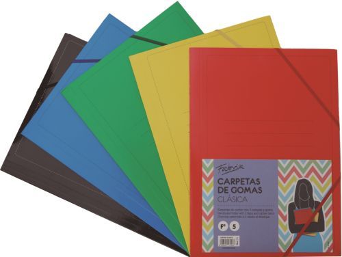 PAQ/5 CARPETA CARTON Fº GOMAS Y SOLAPAS COLORES SURTIDOS
