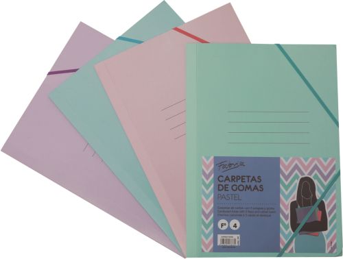 PAQ/4 CARPETA CARTON Fº GOMAS Y SOLAPAS PASTEL SURTIDOS