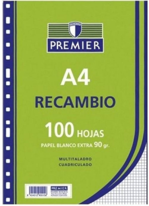 Recambio a4 100h 4 taladros 90g cuadricula 46 c/m premier