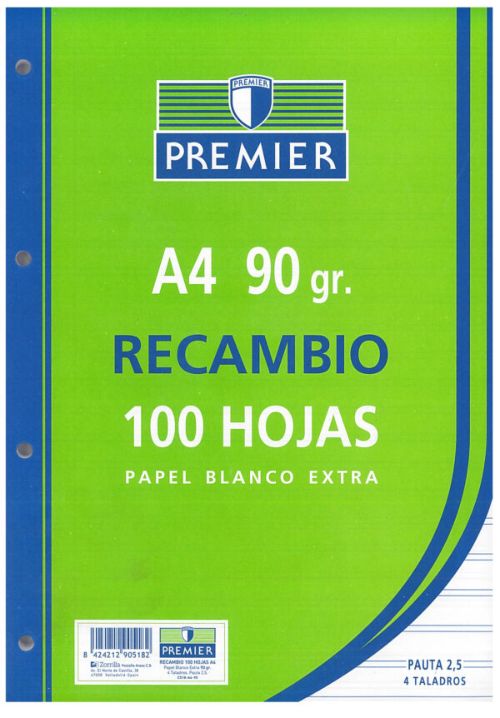 Recambio A4 100h 4 taladros 90g pauta 2,5mm C/M PREMIER