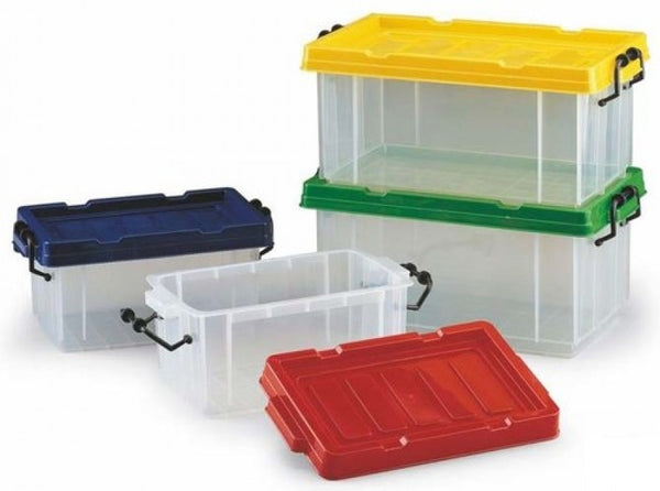 cajas multiusos 34x21x17cm polipropileno colores surtidos cierre de asa