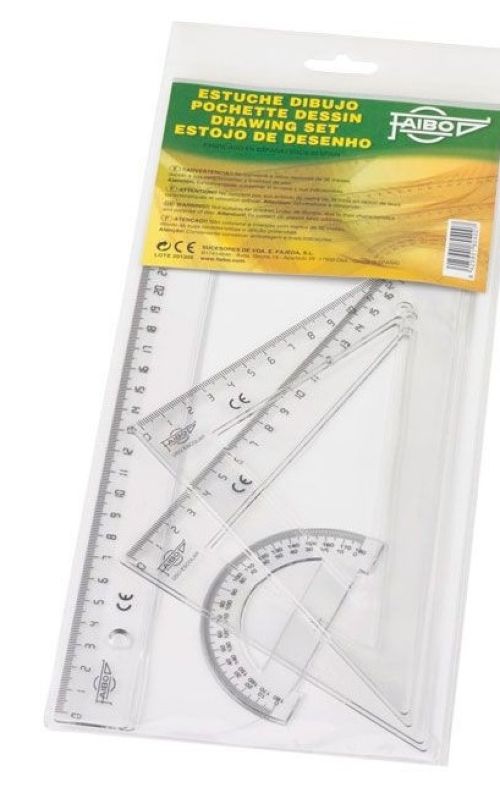Estuche dibujo escolar transparente, regla 30 cm, escuadra y cartabón 25 cm, semicírculo 9 cm.