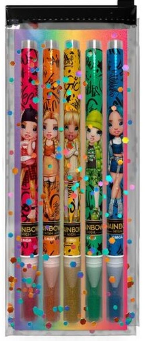 SET DE 5 BOLIGRAFOS CON PURPURINA Y OLOR RAINBOW HIGH