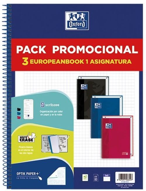 Pack 3 cuaderno espiral europeanbook1 a4 80h 90g. cuadricula 5x5mm microperforado colores vivos
