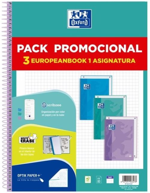 Pack 3 cuaderno espiral europeanbook1 a4 80h 90g. cuadricula 5x5mm microperforado colores pastel
