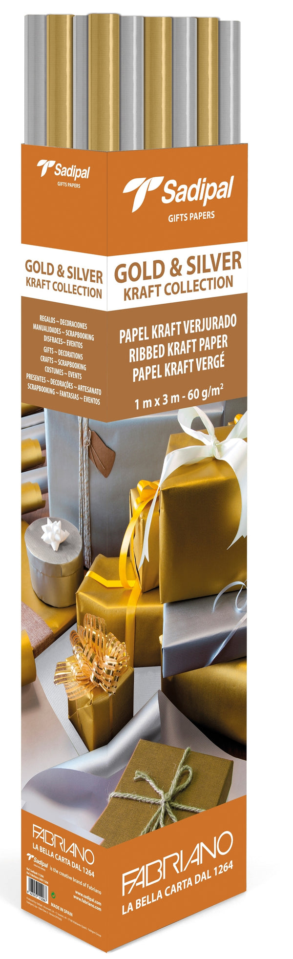 EXP 25 ROLLOS PAPEL KRAFT VERJURADO 1X3M ORO/PLATA SURTIDOS