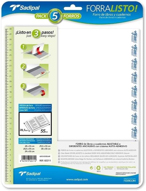 PAQ/5 FORRO LIBROS AJUSTABLE 28X52CM FORRALISTO PP 80MICRAS