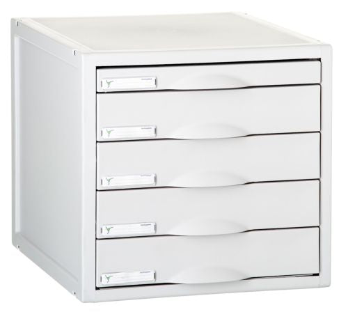 Archivador modular con 5 cajones, 1 de 22mm y 4 de 52mm color gris