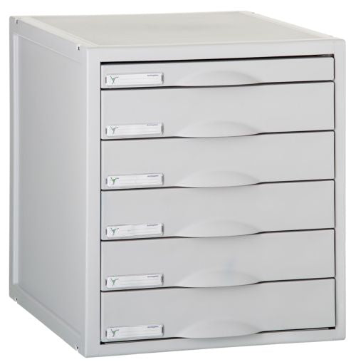 Archivador modular con 6 cajones, 1 de 22mm y 5 de 52mm color gris