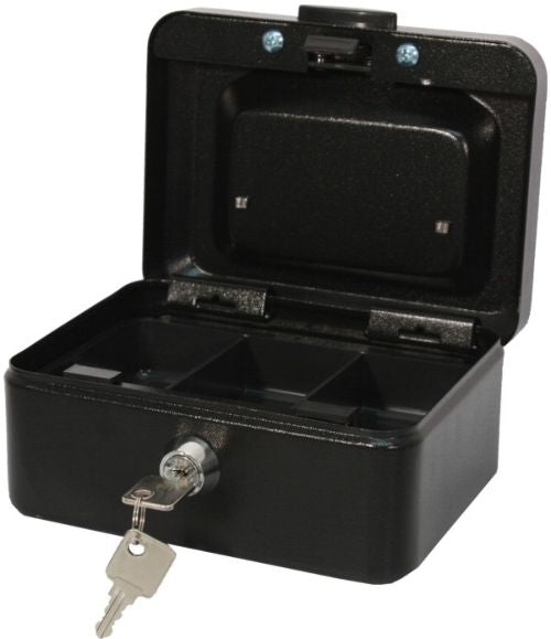 CAJA CAUDALES PEQUEÑA CON BANDEJA Y CIERRE 15X8X11CM NEGRO