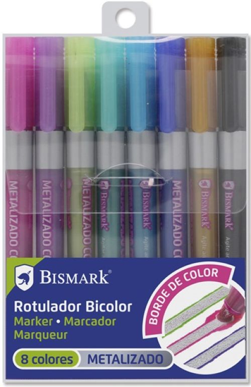 Estuche 8 rotuladores doble linea plata + neon-pastel Bismark