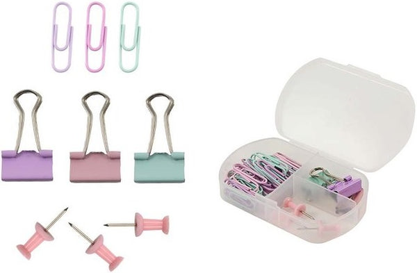 SET VARIADO ESCRITORIO CLIPS PINZAS PALAS CHINCHETAS PASTEL