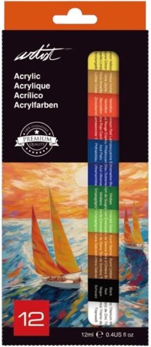 Caja 12 tubos pintura acrilica 12ml artist colores surtidos