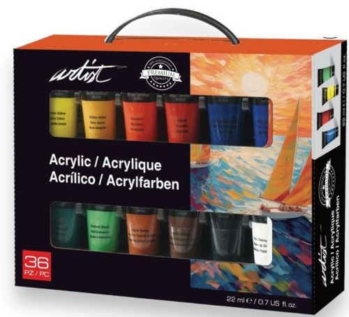 Maletin de cartón 36 botes pintura acrilica 22ml artist colores surtidos