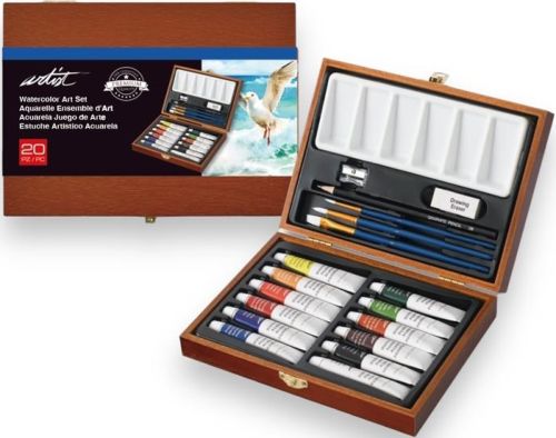 Caja madera 20 tubos acuarela 12ml artist colores surtidos
