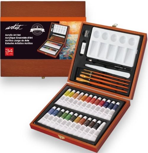 Caja madera 35 tubos pintura acrilica 12ml artist colores
