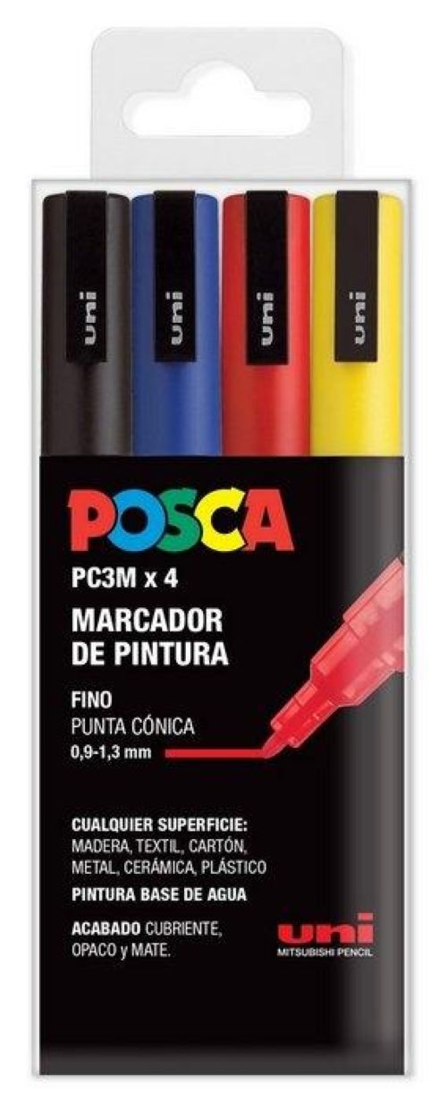 Estuche 4 rotuladores posca PC3MR uni-ball colores basicos