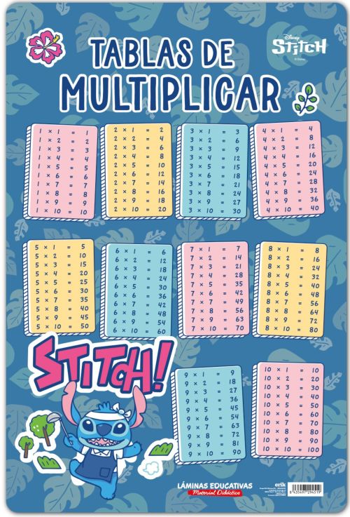 LAMINA EDUCATIVA ESPAÑOL TABLA MULTIPLICAR DISNEY STITCH
