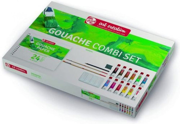 Combi set 12 tubos gouache 12ml. con bloc dibujo a4, pinceles, paleta para mezclar, lapiz y goma