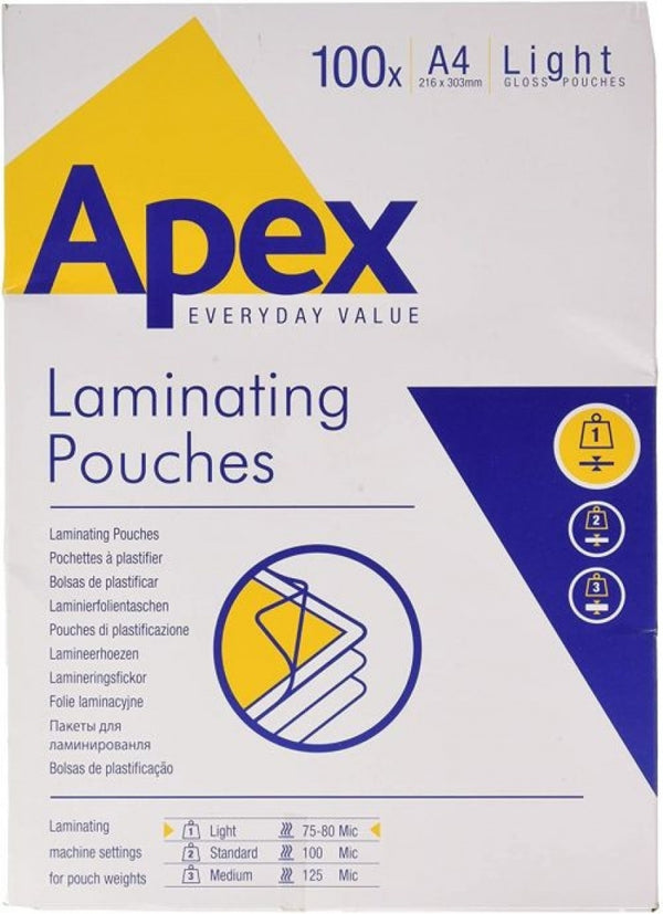 Pack 100 fundas plastificar a4 80 micras brillo apex