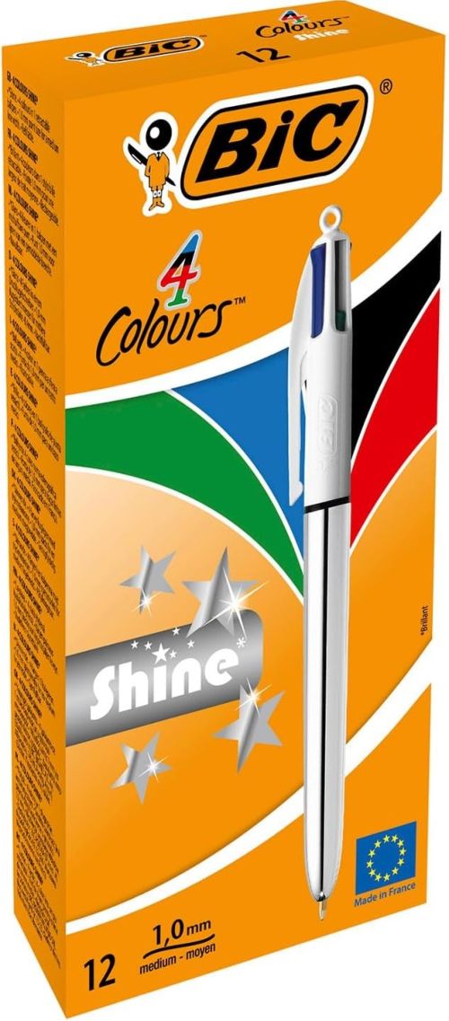 C/12 boligrafos bic 4 colores shine cuerpo plata punta 1mm
