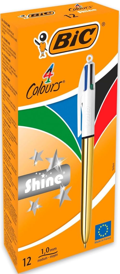 C/12 boligrafos bic 4 colores shine cuerpo oro punta 1mm