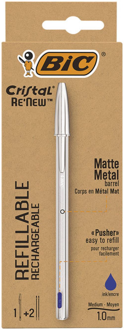 Pack Bic cristal re'new metalico recargable color azul