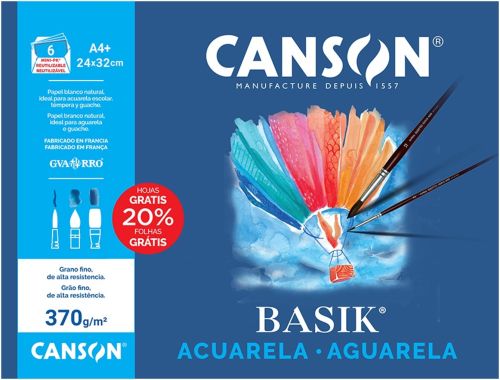 Minipack 6 laminas a4+ basik acuarela y tempera 370g. 20% de hojas gratis