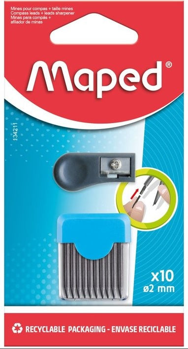 BLISTER CON 10 MINAS DE RECAMBIO COMPAS 2 MM + SACAPUNTAS