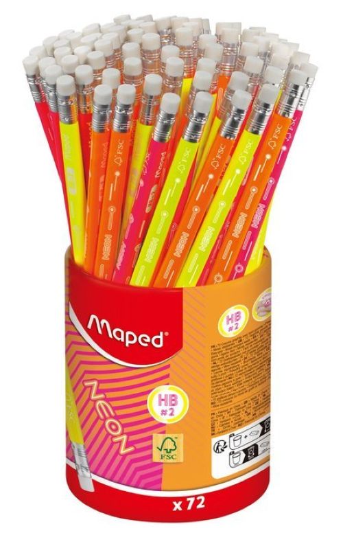Bote 72 lapices de grafito hb con goma neon