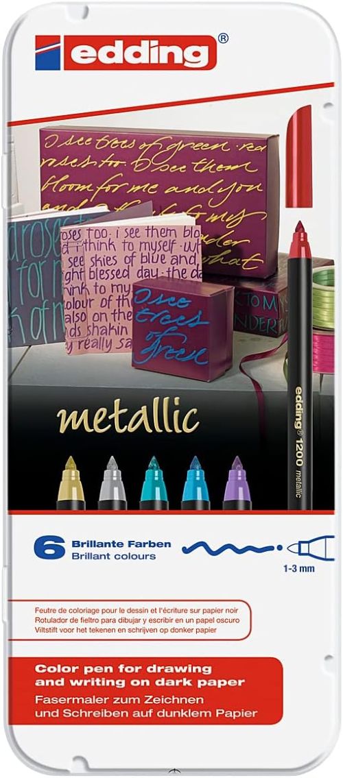 Caja metalica 6 rotuladores edding 1200 colores metalic surtidos