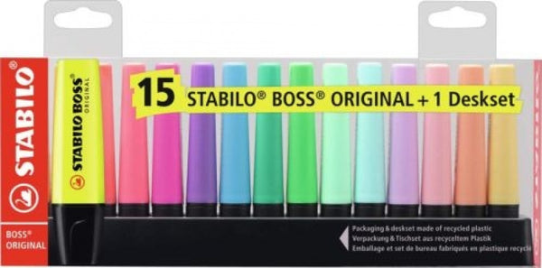 Set de mesa 15 marcadores stabilo boss 9 fluor clasico y 6 pastel