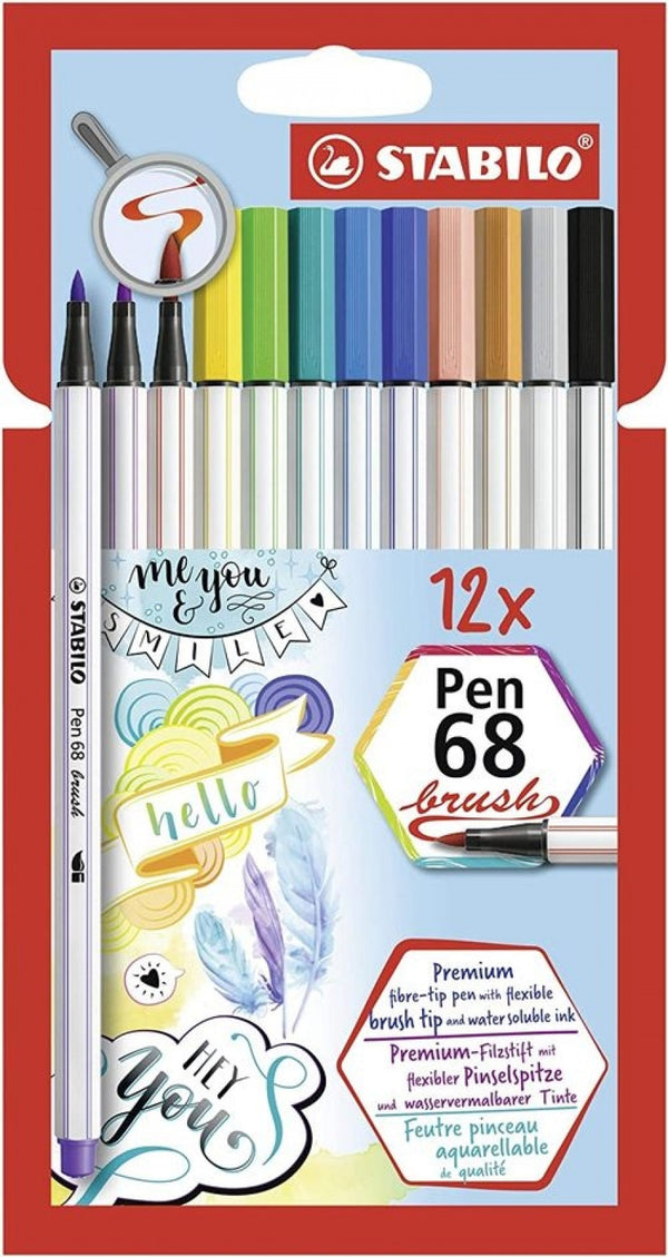 Estuche 12 colores stabilo pen 68 brush punta pincel colores surtidos