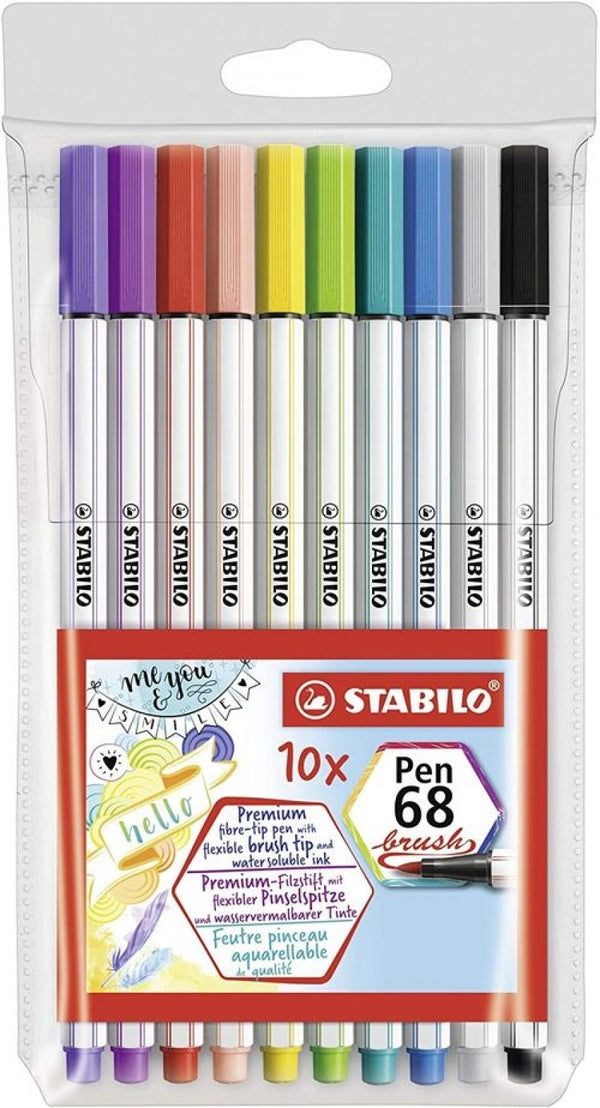 Estuche 10 colores stabilo pen 68 brush punta pincel colores surtidos