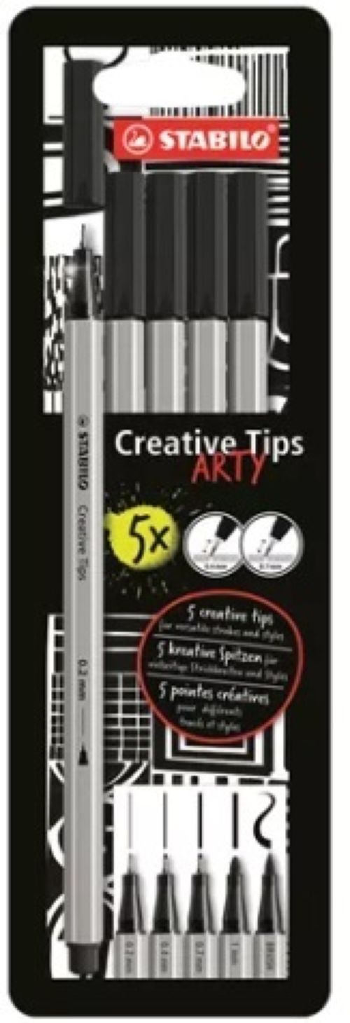Estuche 5 rotuladores stabilo crative tips color negro puntas;0.2, 0.4, 0.7, 1.0 y punta pincel