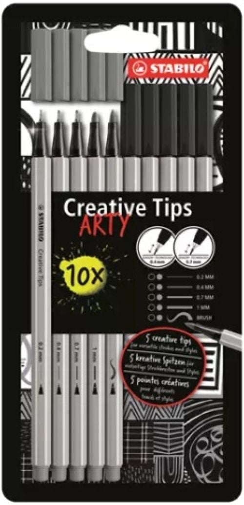 Stuche 10 rotuladores stabilo crative tips color negro y gris puntas;0.2, 0.4, 0.7, 1.0 y punta pincel