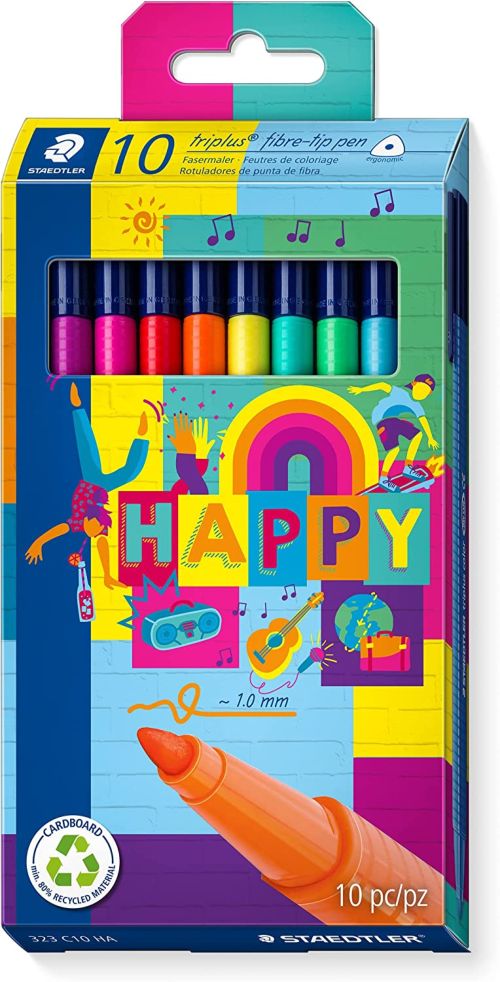 Estuche 10 rotuladores triplus 323 colores surtidos diseño happy